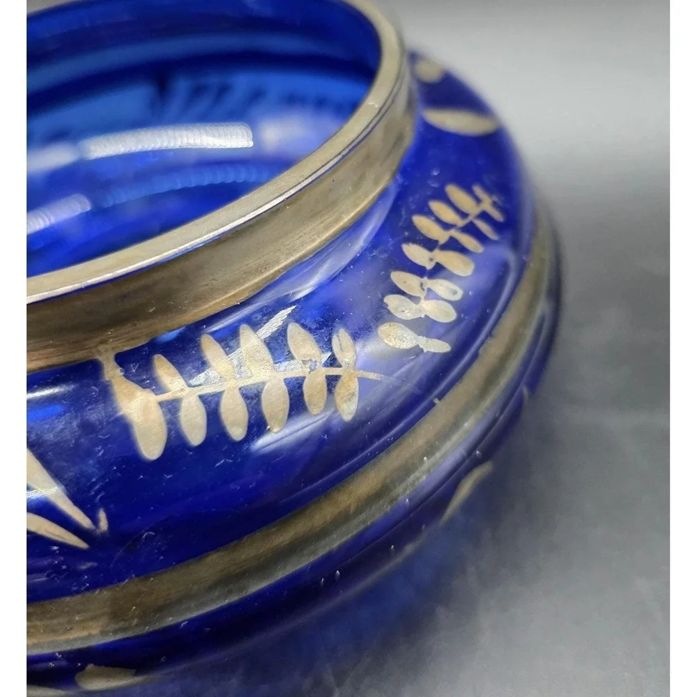 Vintage Cobalt Blue Italian Art Glass Silver Overlay Candy Dish Bowl 6